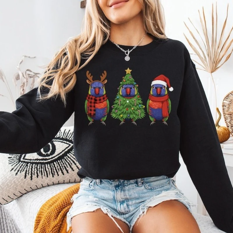 Felpa arcobaleno Lorikeet Natale autunno e inverno Felpa con cappuccio natalizia con uccello di Babbo Natale Regali di pappagalli carini Felpe con cappuccio abbinate a maniche lunghe
