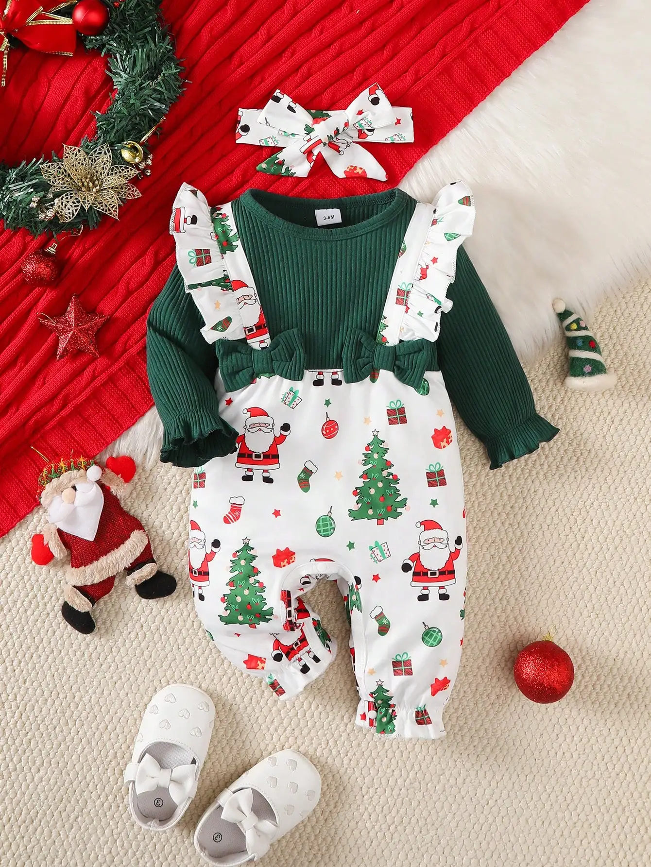 Baby Girl Christmas Style Long-Sleeve Romper Set, Dark Green Ribbed Long-Sleeve Inner Layer Paired with Santa Claus and Christmas Tree Print Romper + Headband