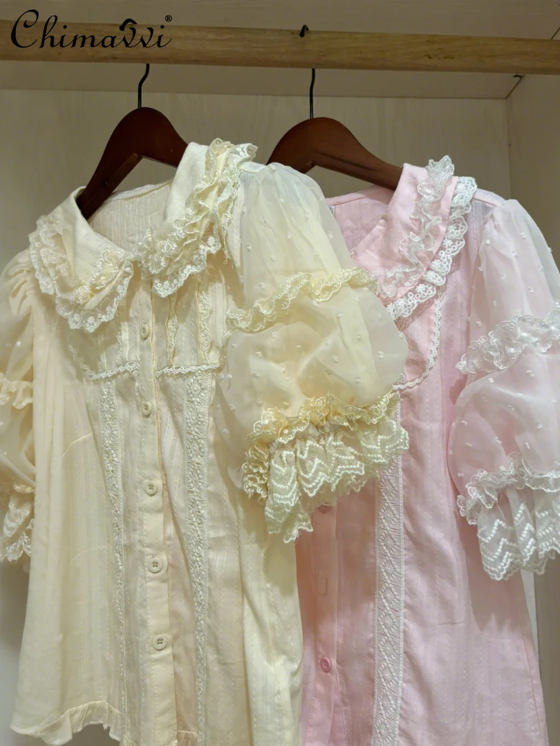 

Sweet Girl Doll Collar Shirt 2025 Summer Clothes New Cute Lolita with Lace Splicing Versatile Short-sleeved Pink Shirt Women Top