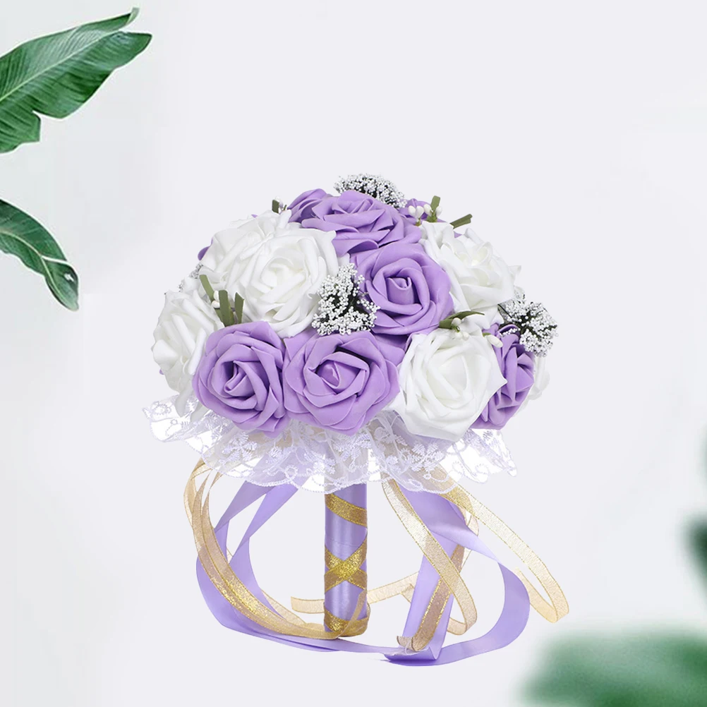 

1pc Wedding Bouquet for Bride Artificial Flowers Purple Fake Bridal Bouquet Handmade Lifelike PE Material Desk Shelf Decor