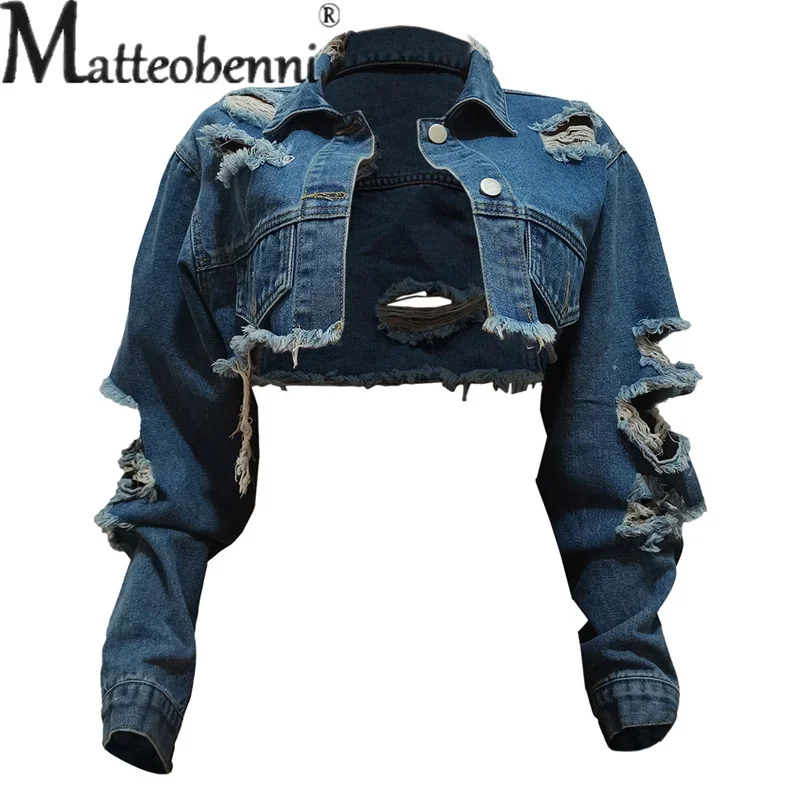 Moda buracos quebrados manga longa curto denim jaqueta senhoras tendência streetwear casual outerwear feminino duplo botão emenda casaco