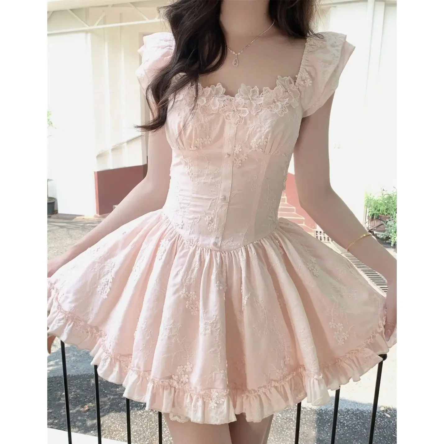 

2026 Floral Collar Pink Camisole Spring-summer Small Puff Sleeve French Floral New Dress Tutu Skirt