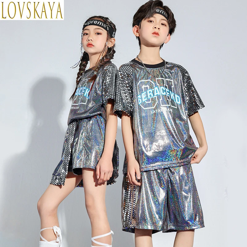 Girls Hip Hop Shine T-shirt  Street Dance Skirts Boys Tee Silver Shorts Clothes Sets Kids Jazz Outfits Child Summer Streetwear