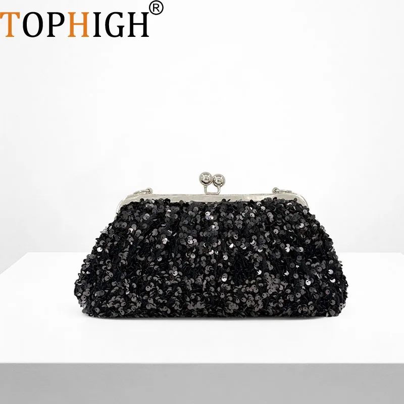 TOPHIGH Sequin Evening Clutch Bag For Women Gold Kiss Lock Day Clutch Fashion Party And Banquet Handbag Evening Dress Purse Bag