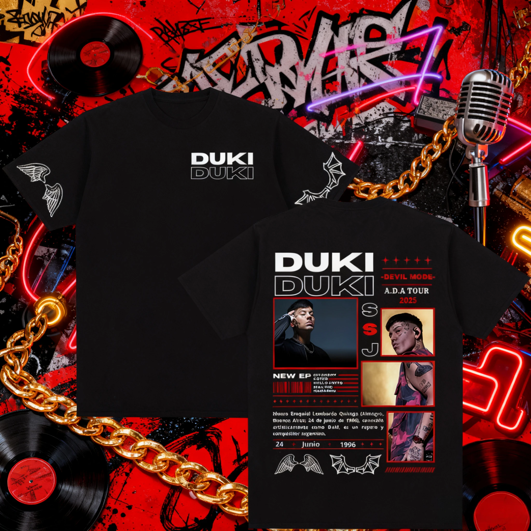 

Rapper Duki Modo Dlablo ADA Tour 2025 T-shirt Men's and Women's Fashion Hip-hop Short-sleeved Pure Cotton Oversized Streetwear