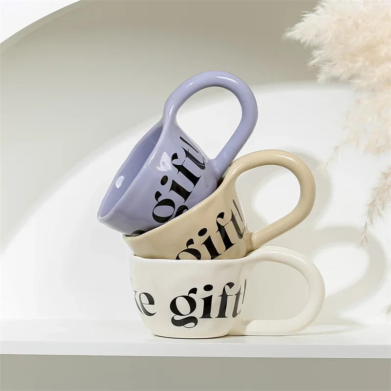 350ML English alphabet Pattern Ceramic Mug Large Handle Hand Pinched Irregular Coffee Cups Breakfast Milk Oatmeal Water Cup