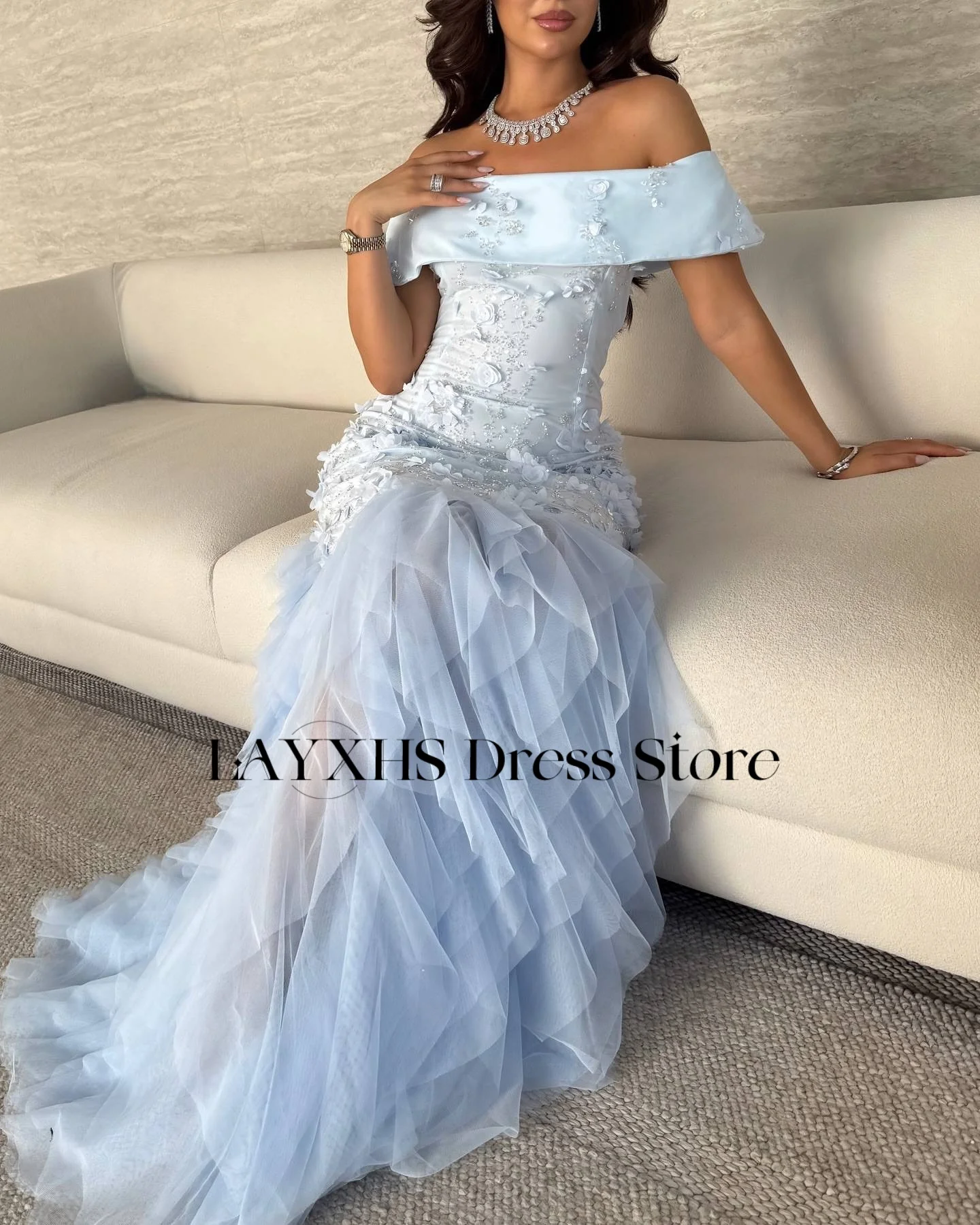 LAYXHS Wykwintne Sukienki Wieczorowe z Odkrytymi Ramionami, Syreni Krój, Kwiaty, Koraliki, Tiul, Warstwowe Falbany, Sukienki na Bal Maturalny, Szyte na Miarę