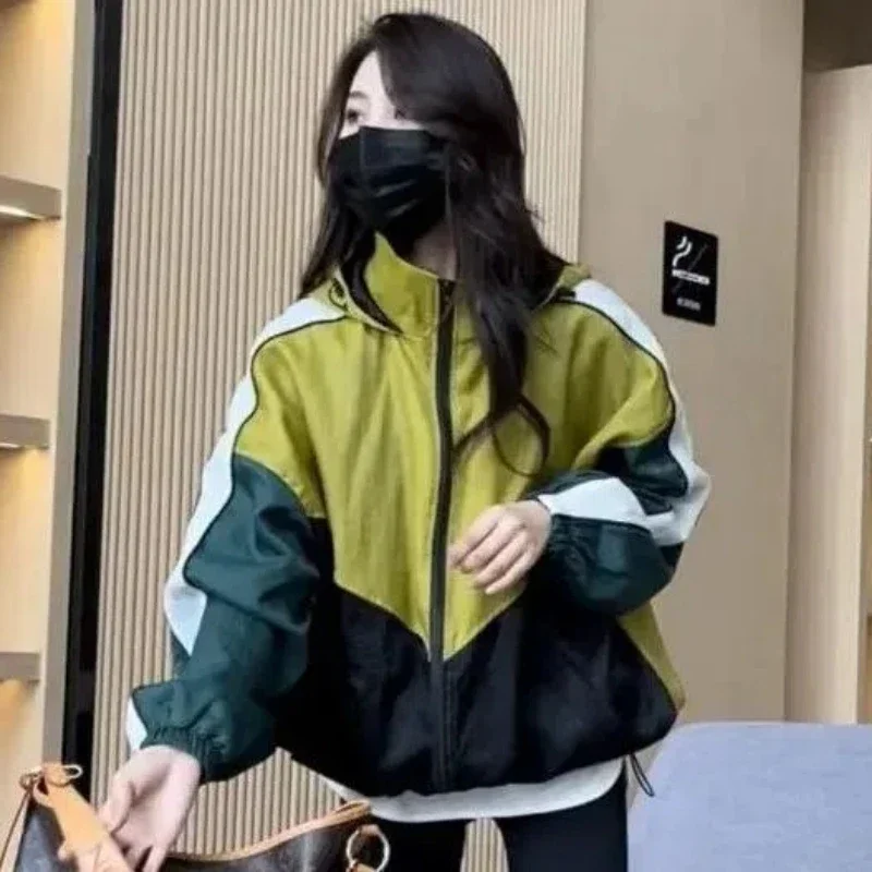 

Women's Contrasting Color Patchwork Stand Up Collar Hooded Sunscreen Jacket Zippered Cardigan for Outerwear Jackets XQ650