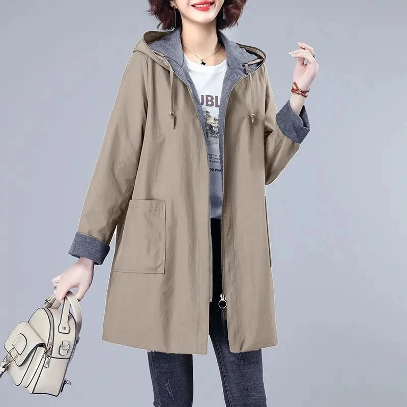 

2023NewFashion Women Trench Jacket Spring Autumn Casual Hooded Mid Long Overcoat Female Tops Loose Windproof Coat Korean Trendy