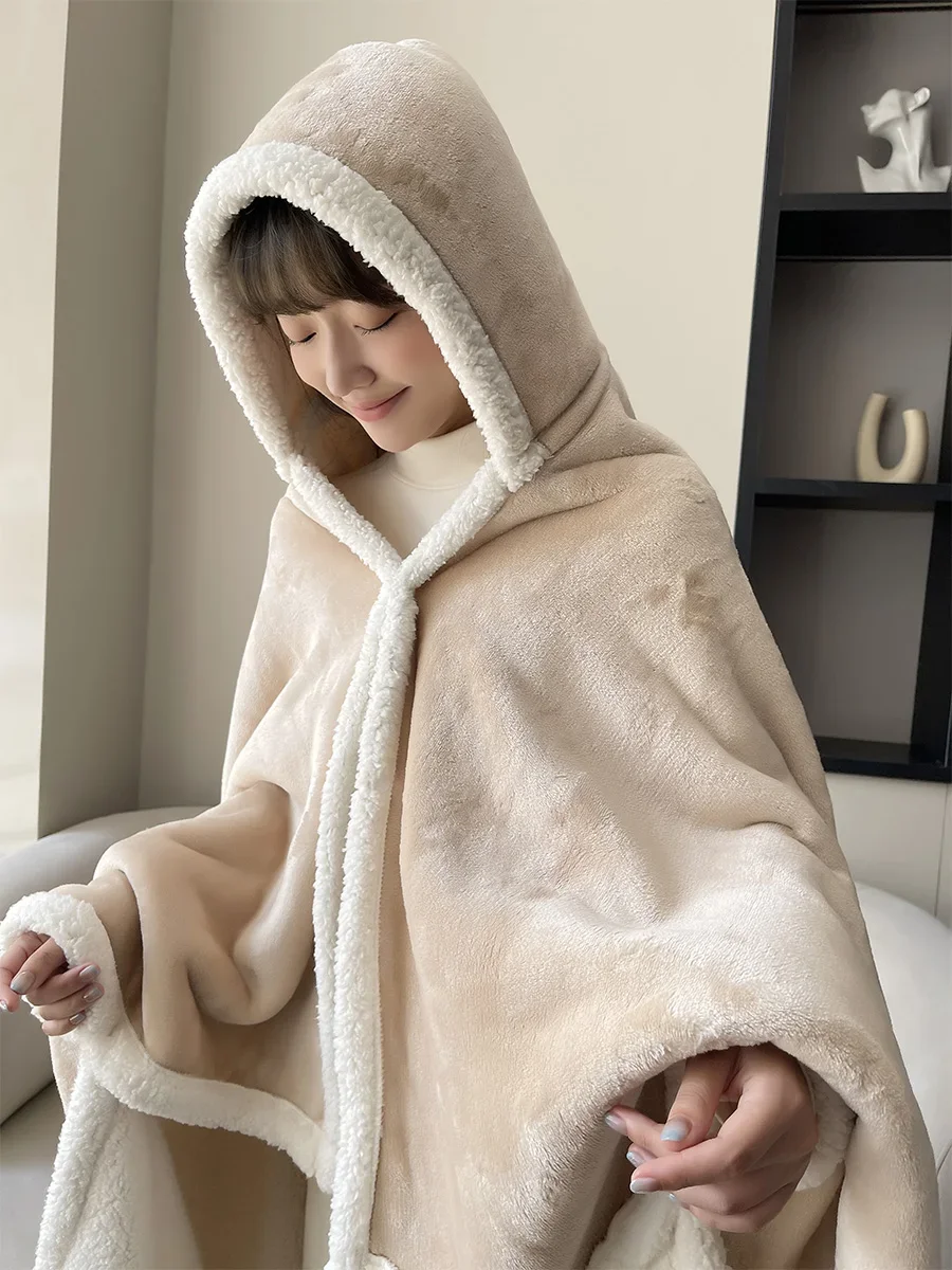 Throw Blanket for Sofa Students Nap with Blankets Large Shawl Cloak Wintertime Female Warm A Hooded Cape Office Blanket