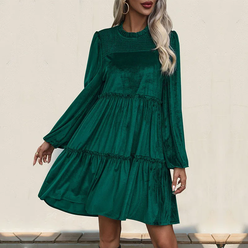 New Autumn Women\'s Christmas Green Velvet Dress