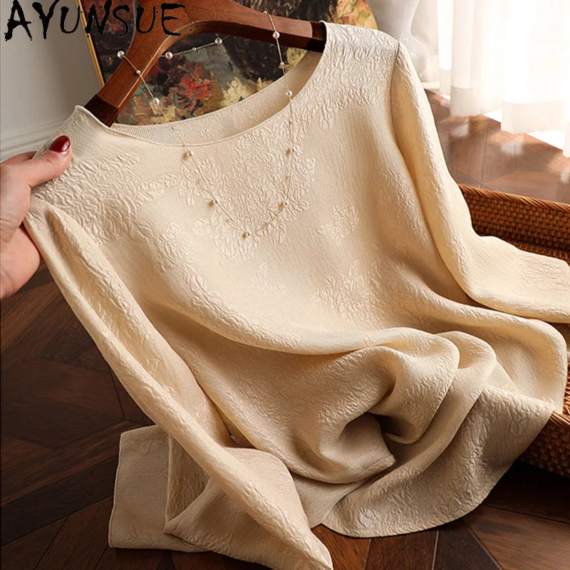 AYUNSUE 19MM Silk Jacquard Women's T-shirts Elegant Long Sleeve Tops for Woman Solid Color T Shirt Woman Clothes Spring Футболка