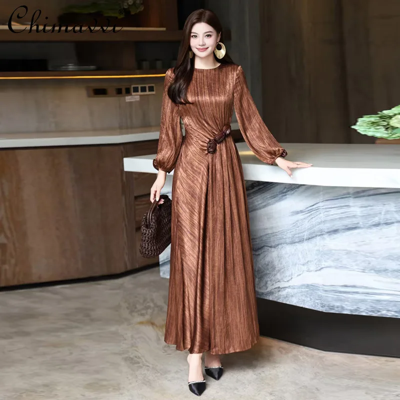

French Style Elegant Temperament Round Neck Lantern Long Sleeve 3D Rose High Waist Slim Long Evening Dress for Women Autumn 2025