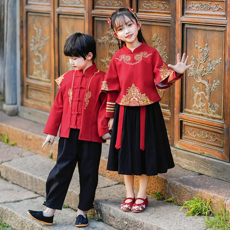 

Cute Boy And Girls Tang Suit Hanfu Set Children Embroidery Festive Perform Costumes Kids Chinese Traditional New Year Clothing
