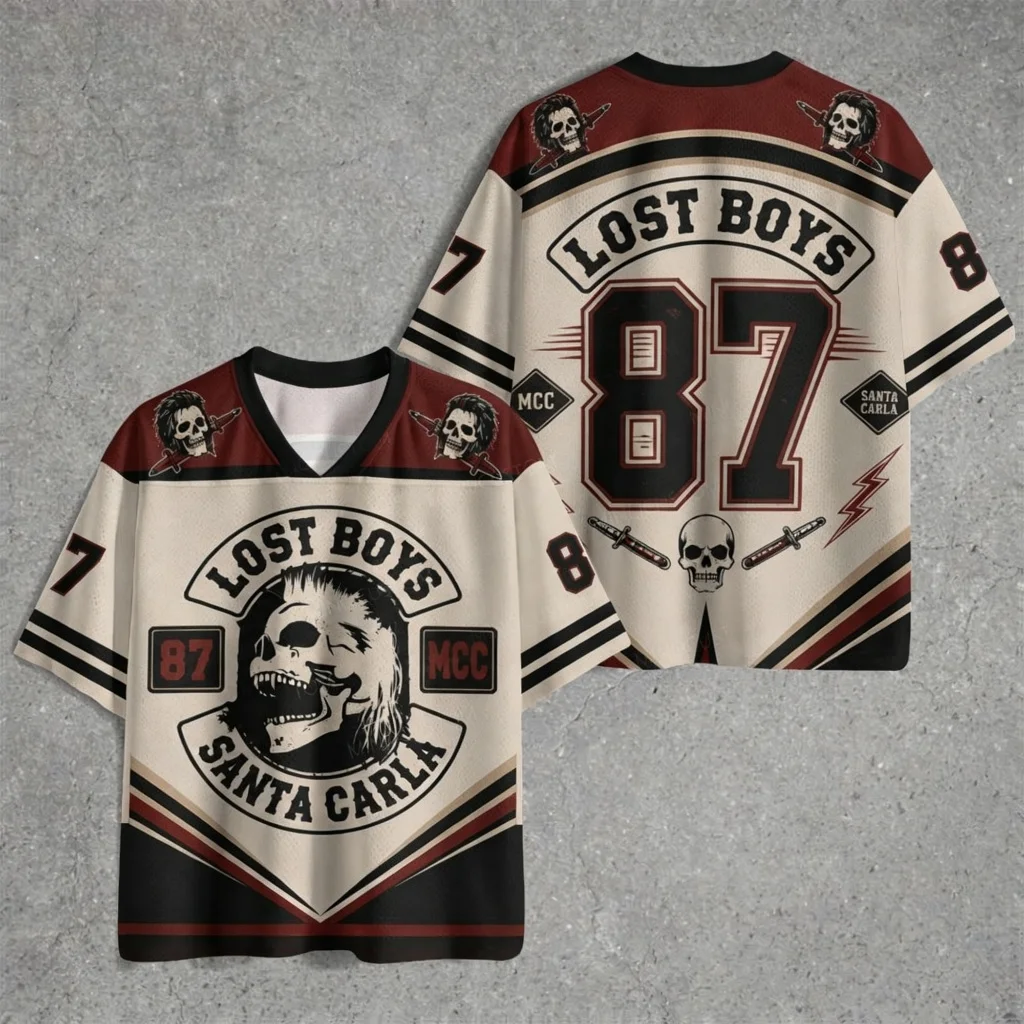 2026 Lost Boys Santa Carla Front Back Print Jersey Shirt Unisex Oversized Cream Burgundy Mesh Short Sleeve Horror Sport Top