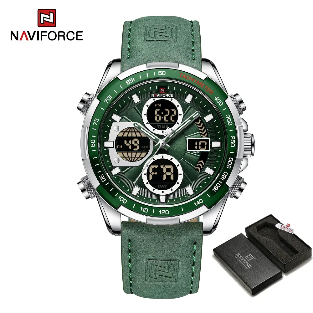 

NAVIFORCE NF9197 лучший бренд для мужчин зеленый кожаный ремешок высокого качества кварцевые спортивные водонепроницаемые цифровые многофункциональные часы