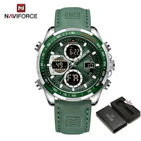 NAVIFORCE NF9197 Top Brand Men Green Leather Band High Quality Quartz Sports Waterproof Digital Multifunction Clock