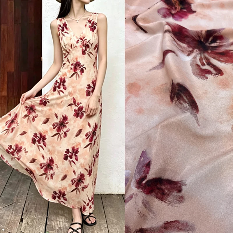 Dark Red Floral Printed Stretch Meat Pink Silk Crepe de Chine Fabric for DIY Sewing Dress Skirt Pajamas Soft Silk Fabric FR6997