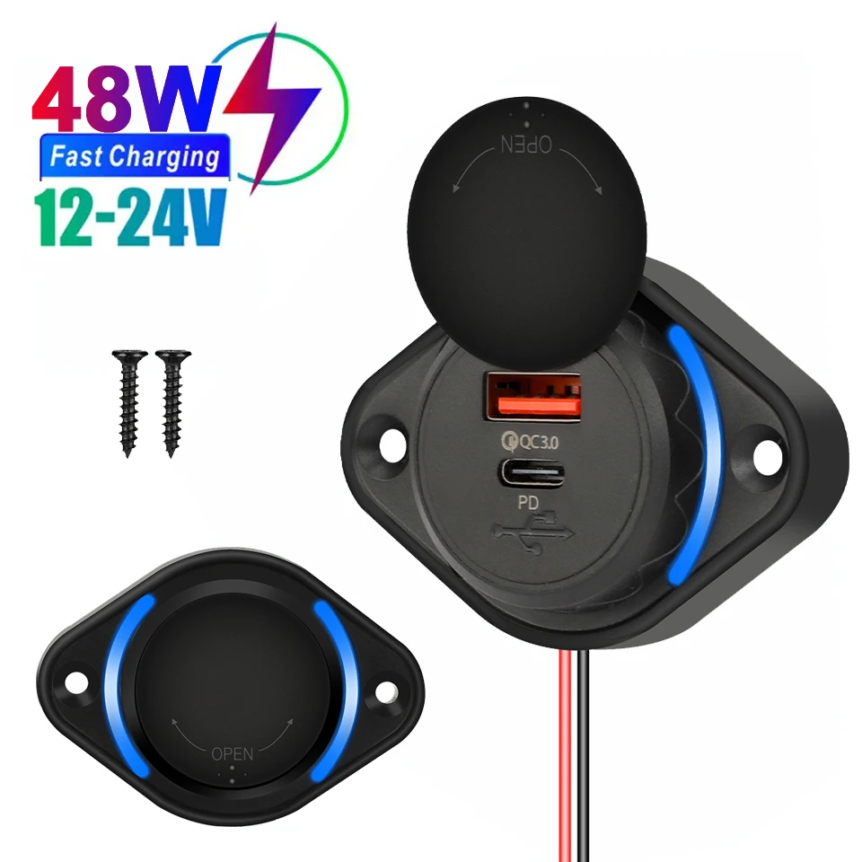 New Car Charger Power Socket Adapter QC3.0+ PD Fast Charge Car Phone Charger 12-24V for Car Boat ATV Camper with Sliding Cap