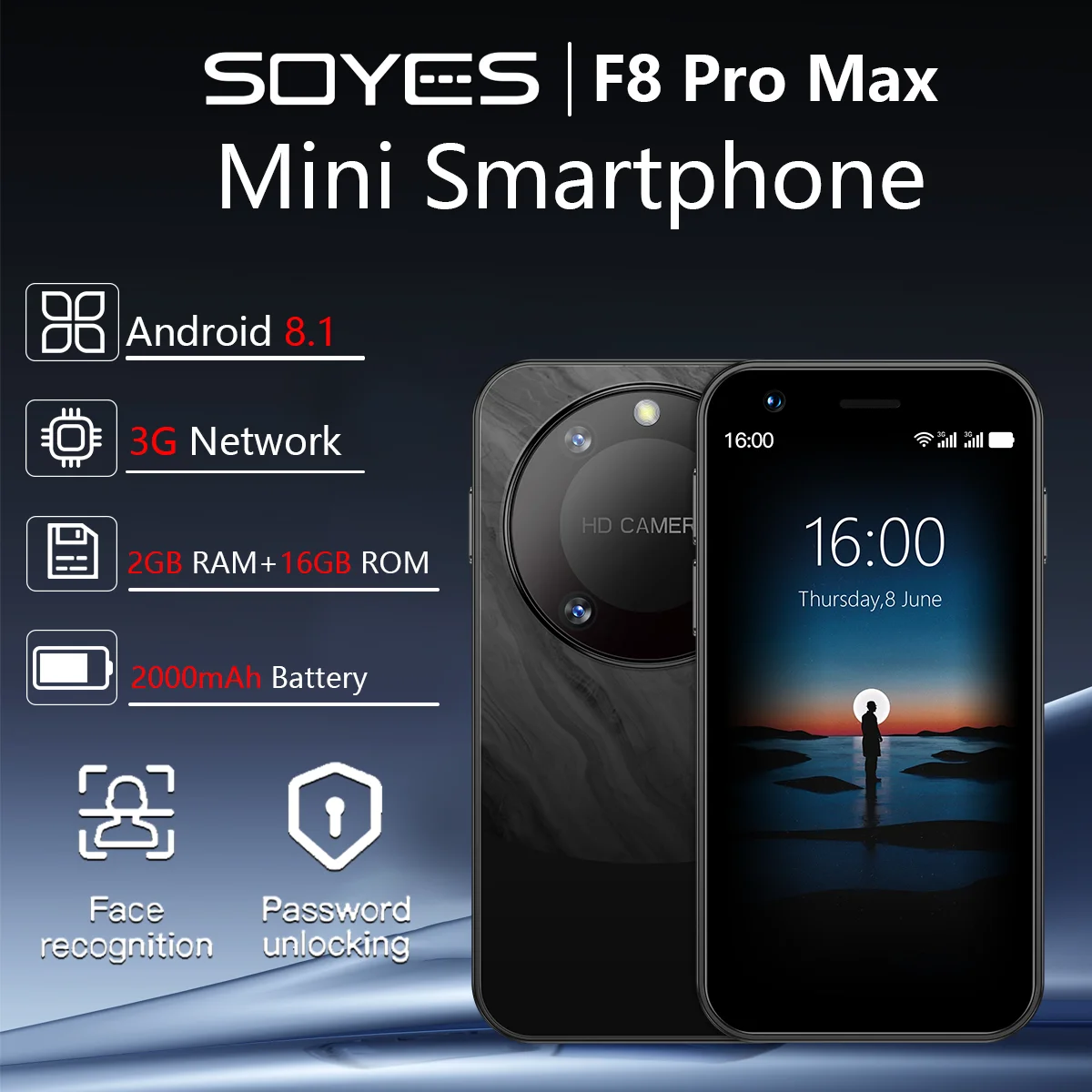 ONEMYTH F8 Pro Max Global Version: 3.0-inch display, 2GB RAM + 16GB storage, dual SIM, 3G, compact size – perfect holiday gift.