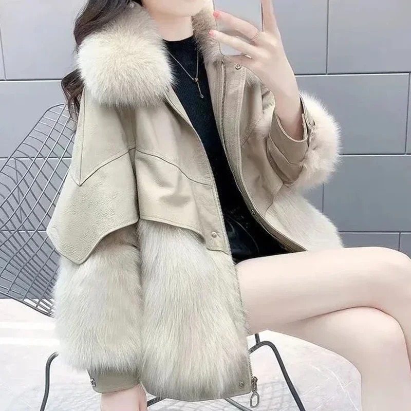 Winter Korean PU Leather Fox Hair Imitation Mid length jacket Thickened Women\'s Coat Fur Coat Women\'s Jacket Loose Coat E3573