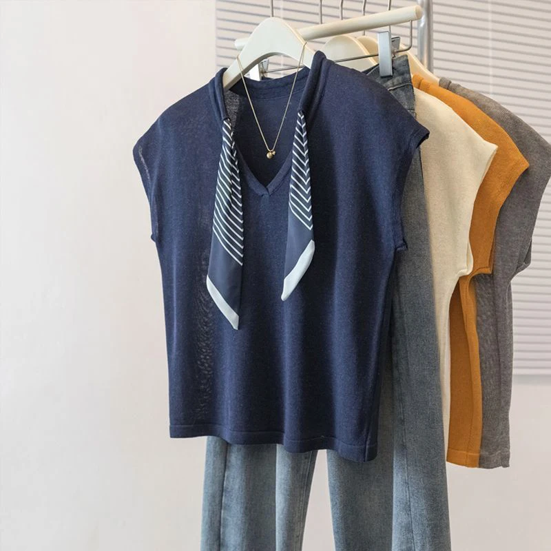 Women's Summer 2026 New Korean Style Knit T-Shirt With Striped Scarf Tie, Loose Casual V-Neck Plus Size Tops For Pregnant Women