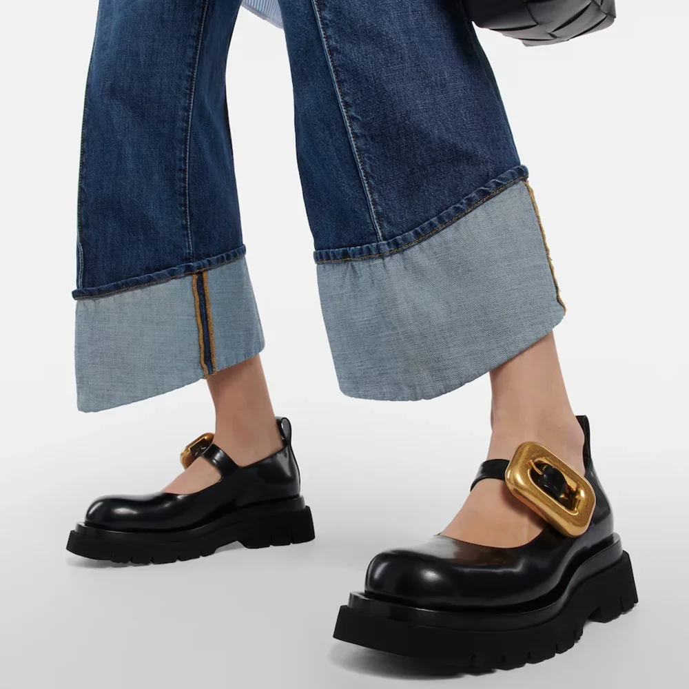 

Metal Buckle Thick Heel Loafers Sexy Rouned Toe Black Leather New Arrivals Fashion Women Mary Jane Shoes