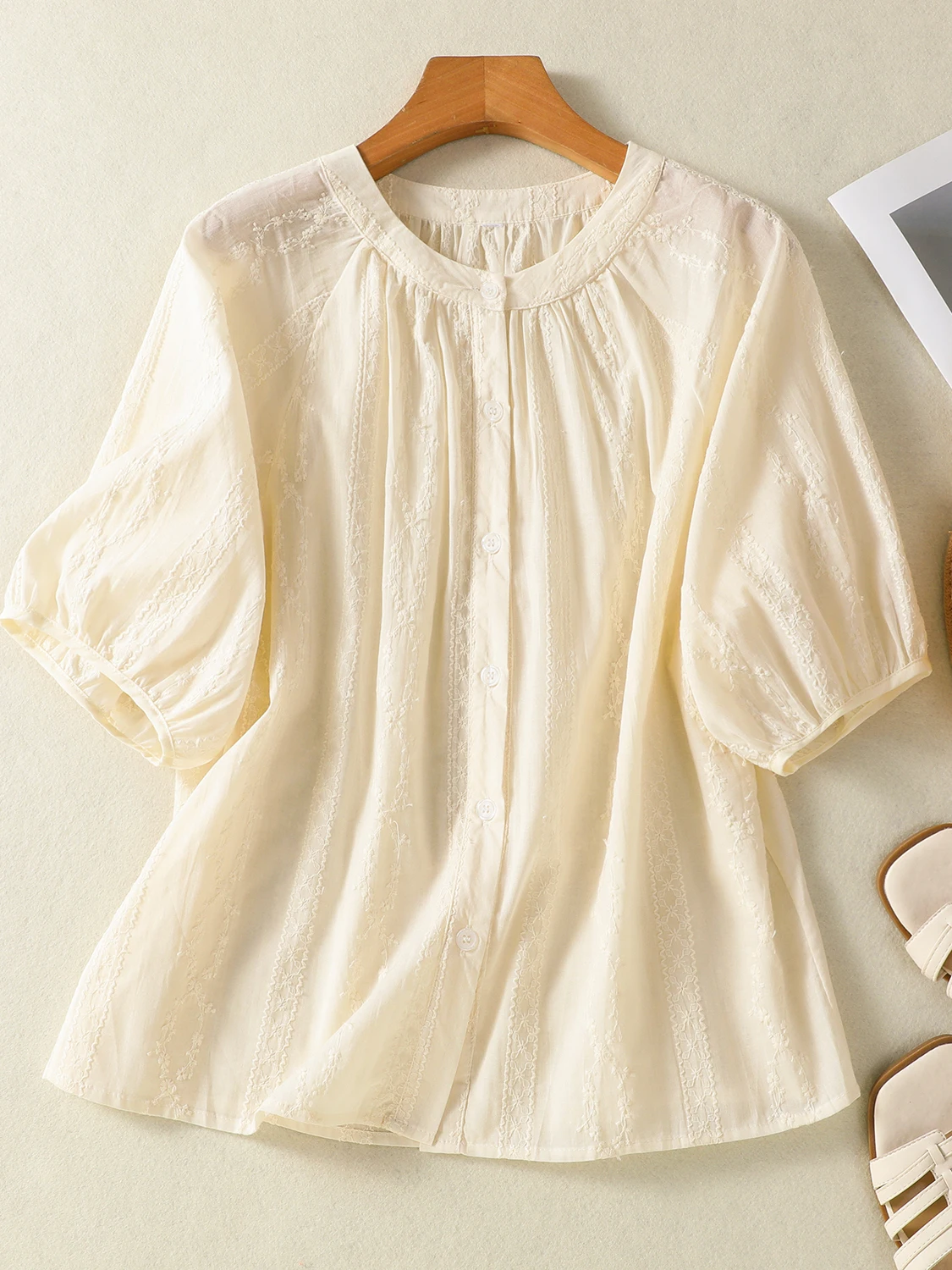

Embroidered Loose Cotton Linen ort Sve irt Women's plus Size Versatile Agel Faionable Top Commute Sle Regular Fit