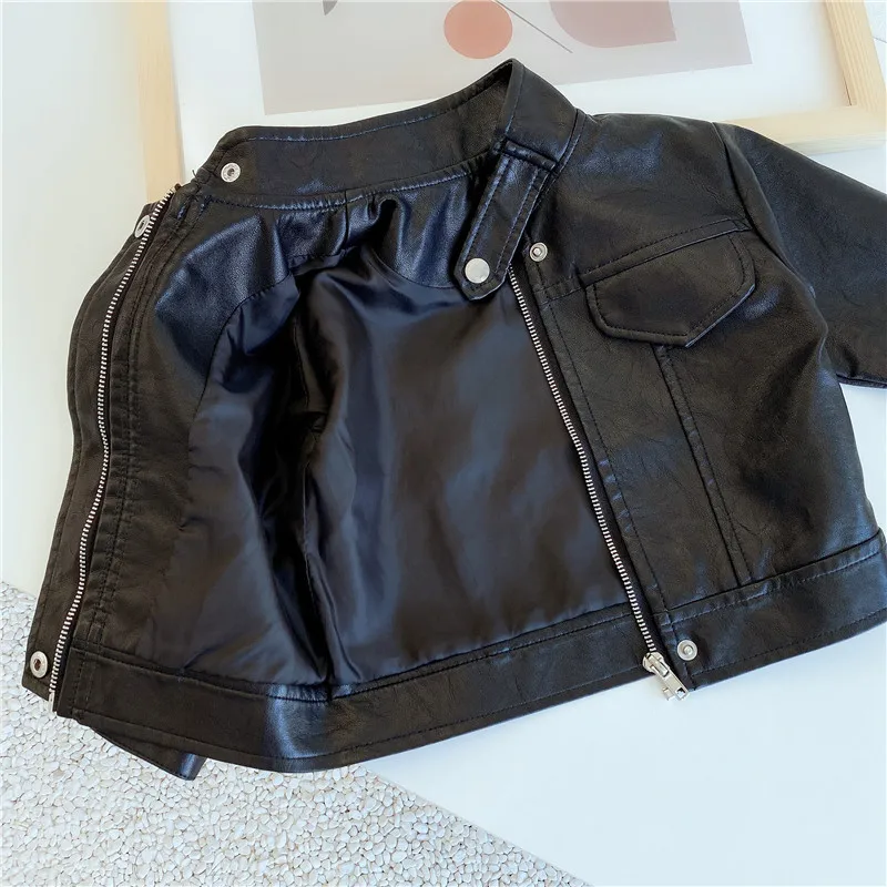 2024 New Girls Boys Black Pu Zipper Jackets Kids Baby Leather Jacket Spring Autumn Cool Coat Children Clothes Overcoats 2-6T