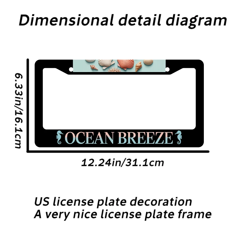 قطعة واحدة من إطار لوحة الترخيص الأسود بفتحتين مع نمط صدف نسيم المحيط، مادة الألومنيوم، 6 × 12 بوصة، تتضمن طقم براغي، إعادة #2