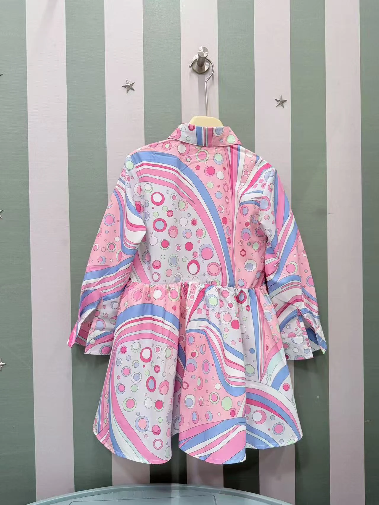 Little girl's collar shirt dress, pink bubble curve printed long sleeved button up children's daily holiday party dress