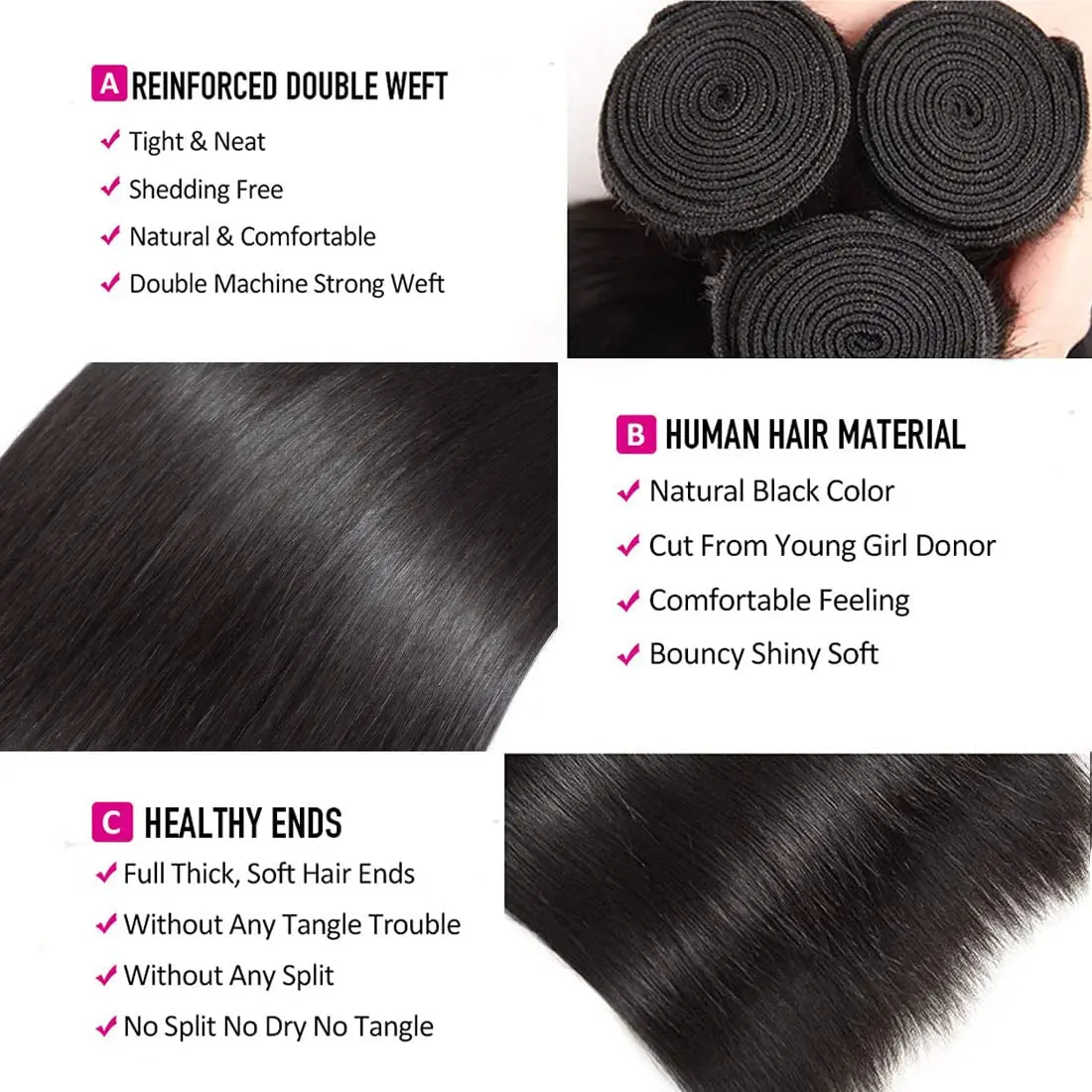 Bundel rambut manusia jalinan rambut lurus 3 bundel penawaran 100% rambut Virgin Peru belum diproses hitam alami 1B dapat dicelup