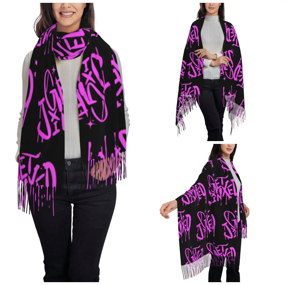 Jinx Get Jinxed Anime Scarf for Women Fall Winter Pashmina Shawls and Wrap Arcane Game Long Scarves with Tassel Ladies