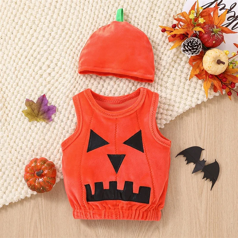 

Cute Pumpkin Print Sleeveless Bodysuit and Beanie Set for Infants Halloween Theme Outfit for Babies 0-2 Years