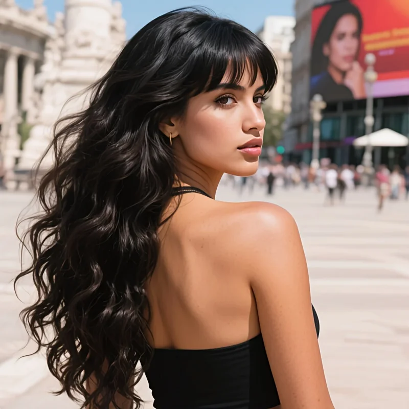 26 inch long wig, deep rolled at the bottom, sexy black, suitable for travel and photography