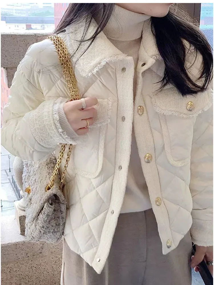 Women Parkas Cotton Padded Sweet Diamond Check Jacket