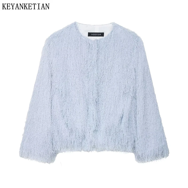 

KEYANKETIAN 225, осенняя новая женская куртка с бахромой, светло-голубое, роскошный стиль, короткое пальто с круглым вырезом и пуговицами, блейзер