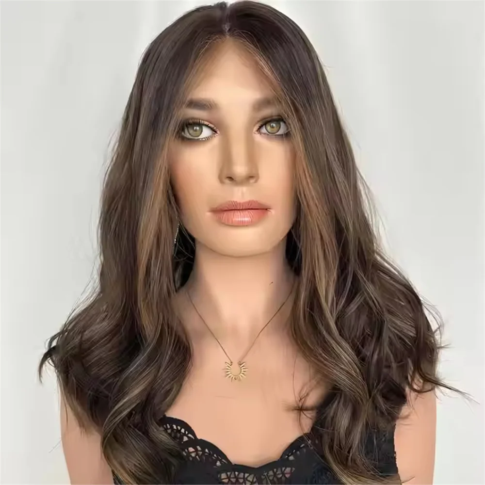 Glueless Synthetic Hair Dark Caramel Highlights Luxury Wig Seamless Hairline HD Lace Front Wig for Women Daily Party Use