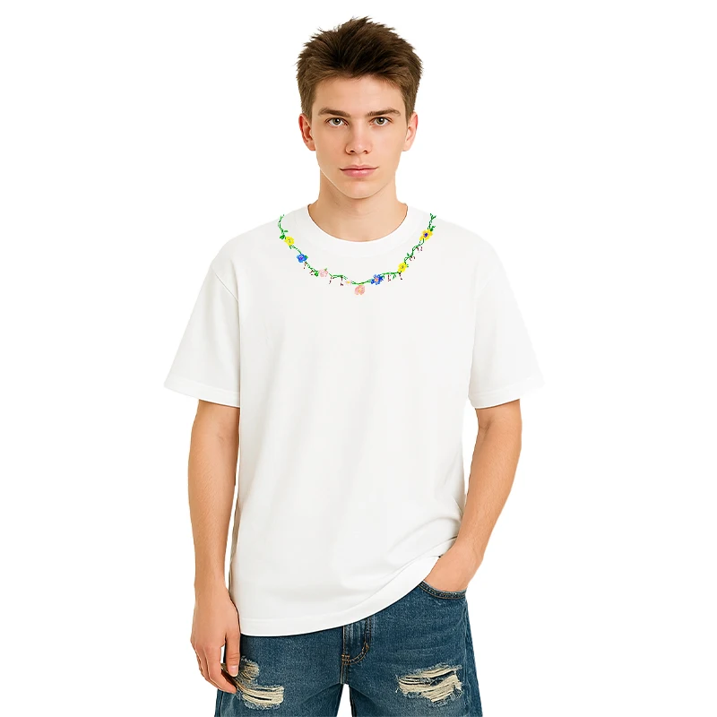

INFLATION Men's Floral Chain Embroidered Oversized T-Shirt American Loose Fit Streetwear Cotton Crew Neck Tee