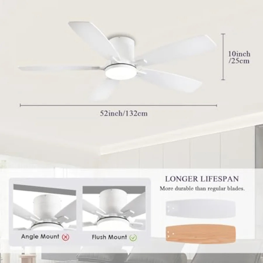 Livingroom indoor/outdoor ceiling fan: 52inch flush mount, white, dimmable LED light, reversible DC motor, noiseless, low profi