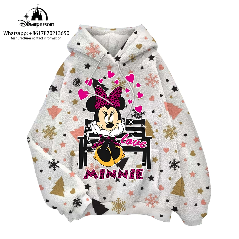 Disney Mickey Minnie Hoodie Christmas Gift Women Sweatshirt Long Sleeve Tops Street Winter Casual Pullover 260gm Flannel Hoodie