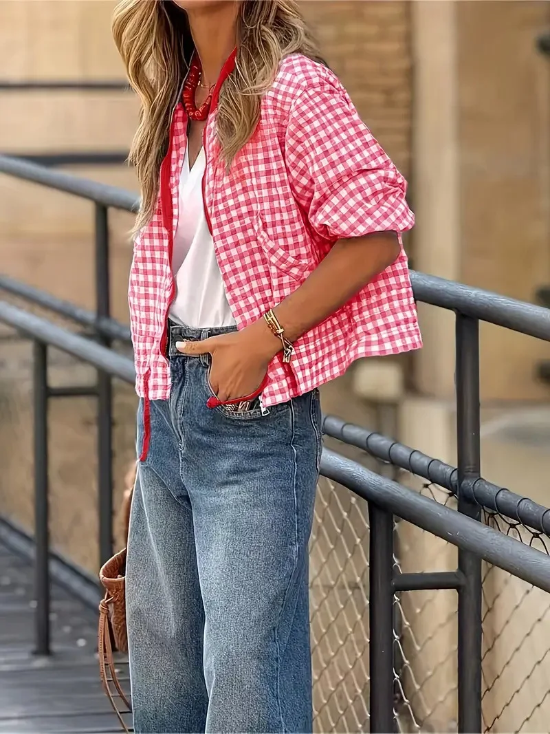 

New Womens Autumn Casual Baseball Coat Long Sleeve Zip Up Lightweight Plaid Jacket With 2 Pockets Hot Sale S-XL