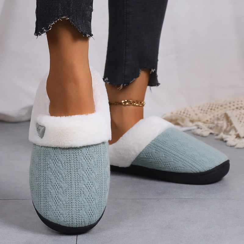 

Women's Winter Warm Fluffy Indoor Slippers Button Decor Thick Plush Cotton Slippers Woman Knitted Fabric Faux Fur House Shoes