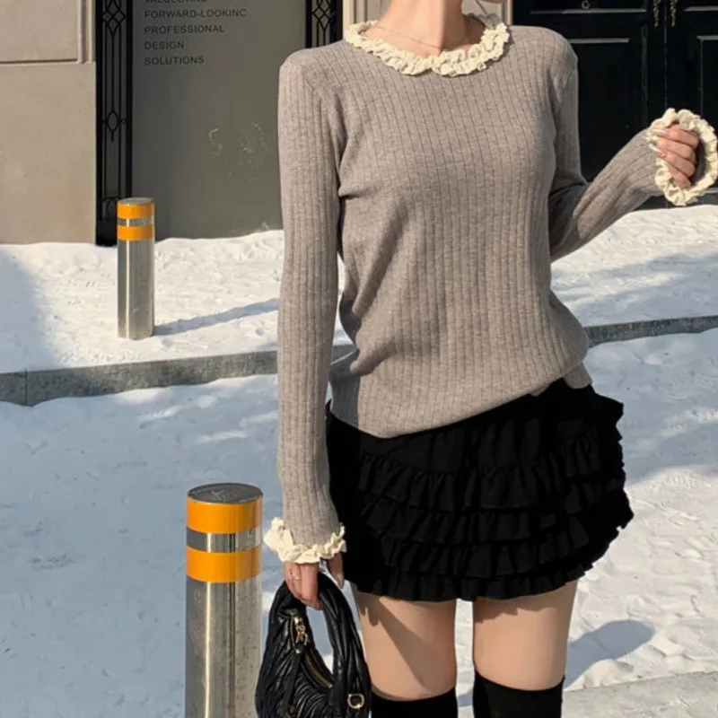 

Slim Fit Women's Pullover Sweater Lace Patchwork Beige Winter Long Sleeve Top Female Fashion Knitwear