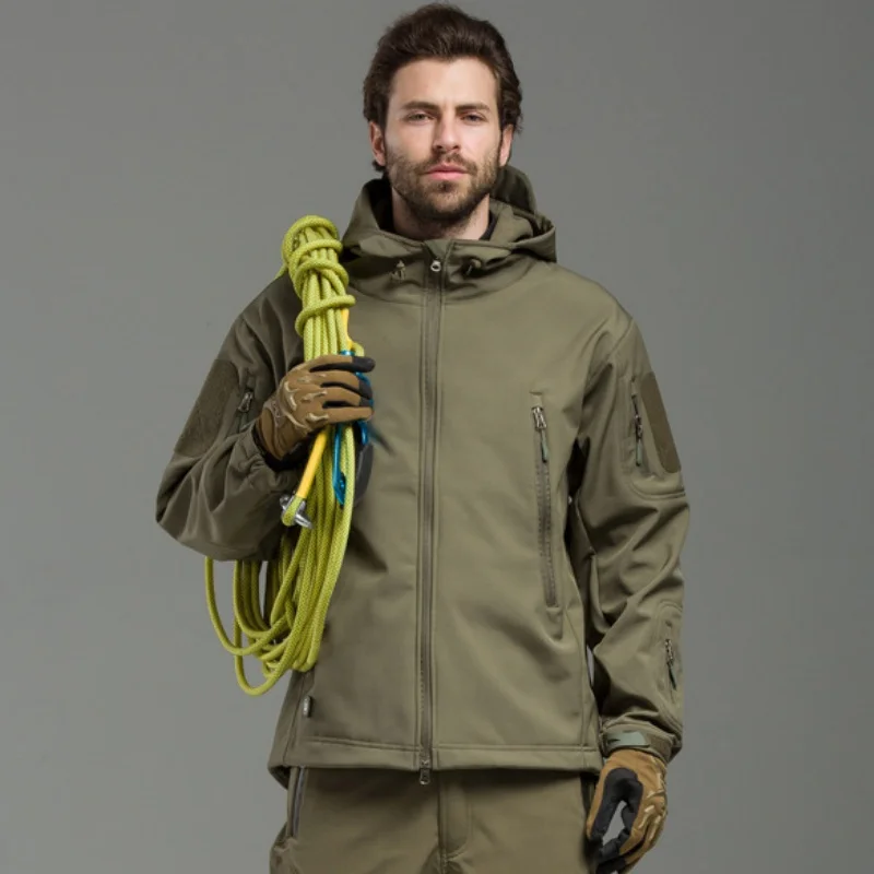 

Winter tactical hooded jacket men's warm polar outdoor hooded sweatshirt with multiple pockets, casual zipper sports jacket