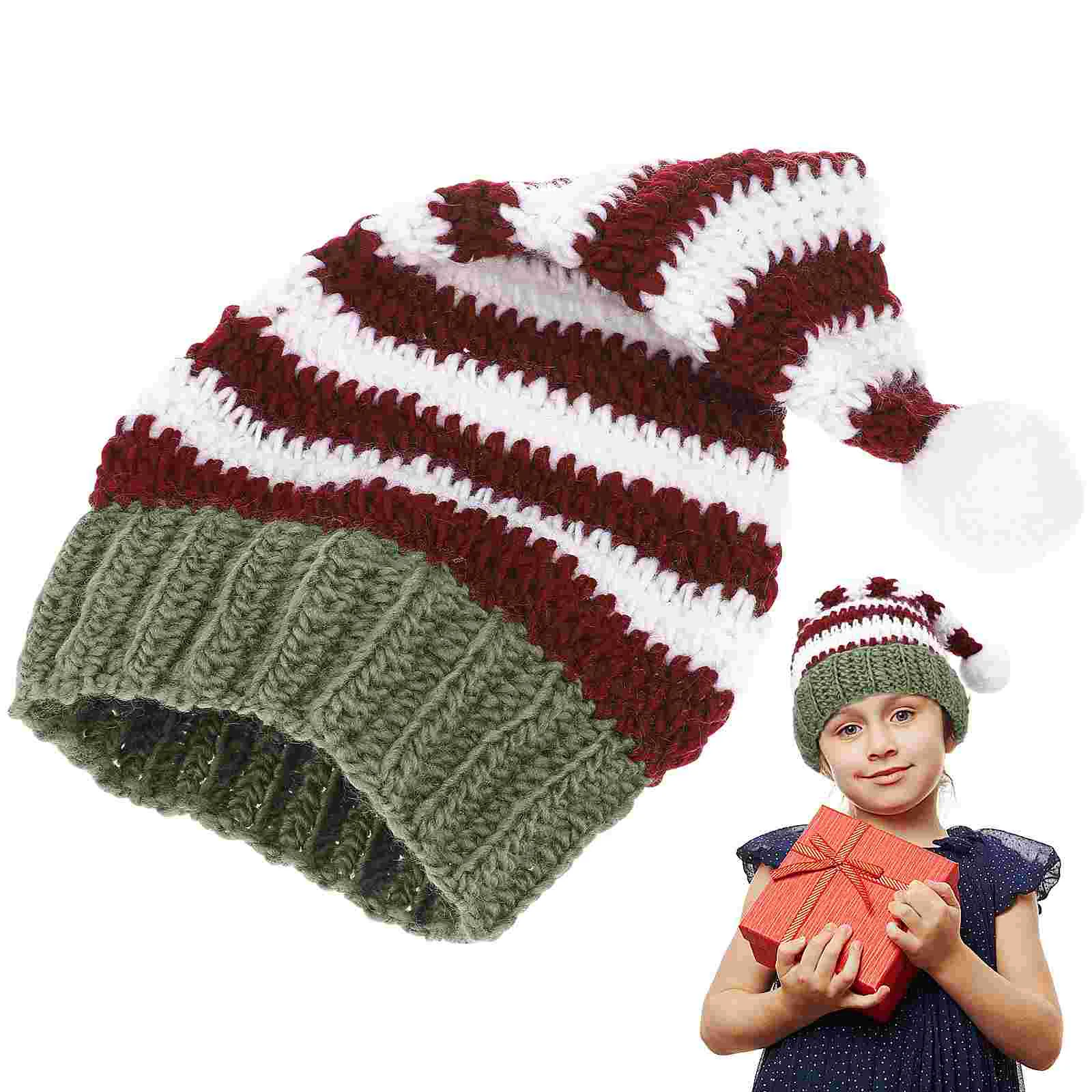 Topi rajut Natal, topi wol untuk anak-anak, benang orangtua-anak hangat, topi motif garis, topi bulu domba Santa untuk pria