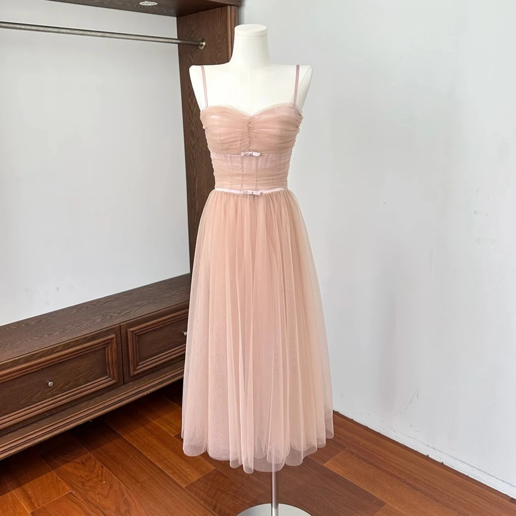 

Pink Mesh Dress Women Sleeveless Strapped Spaghetti Summer Holiday Birthday Clothing Lady Chic Elegant Vestidos Bodycon