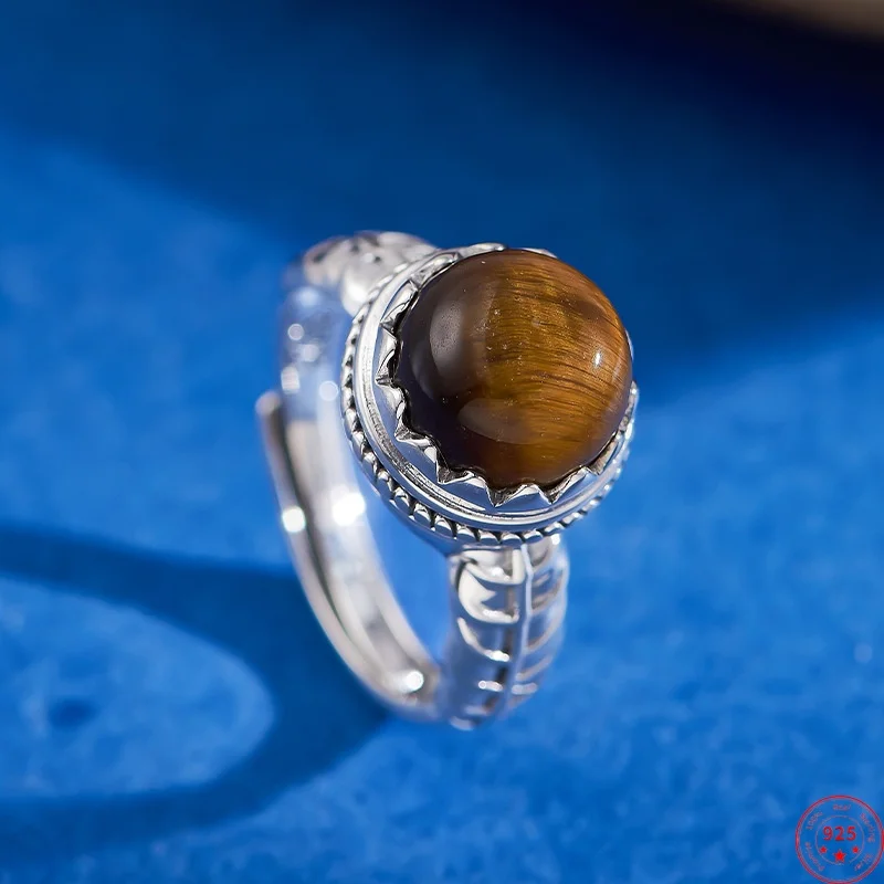 

S925 Sterling Silver Rings for Women Men Relief Geometric Pattern Inlaid Tiger's Eye Cabochon Fashion Punk Jewelry Wholesale