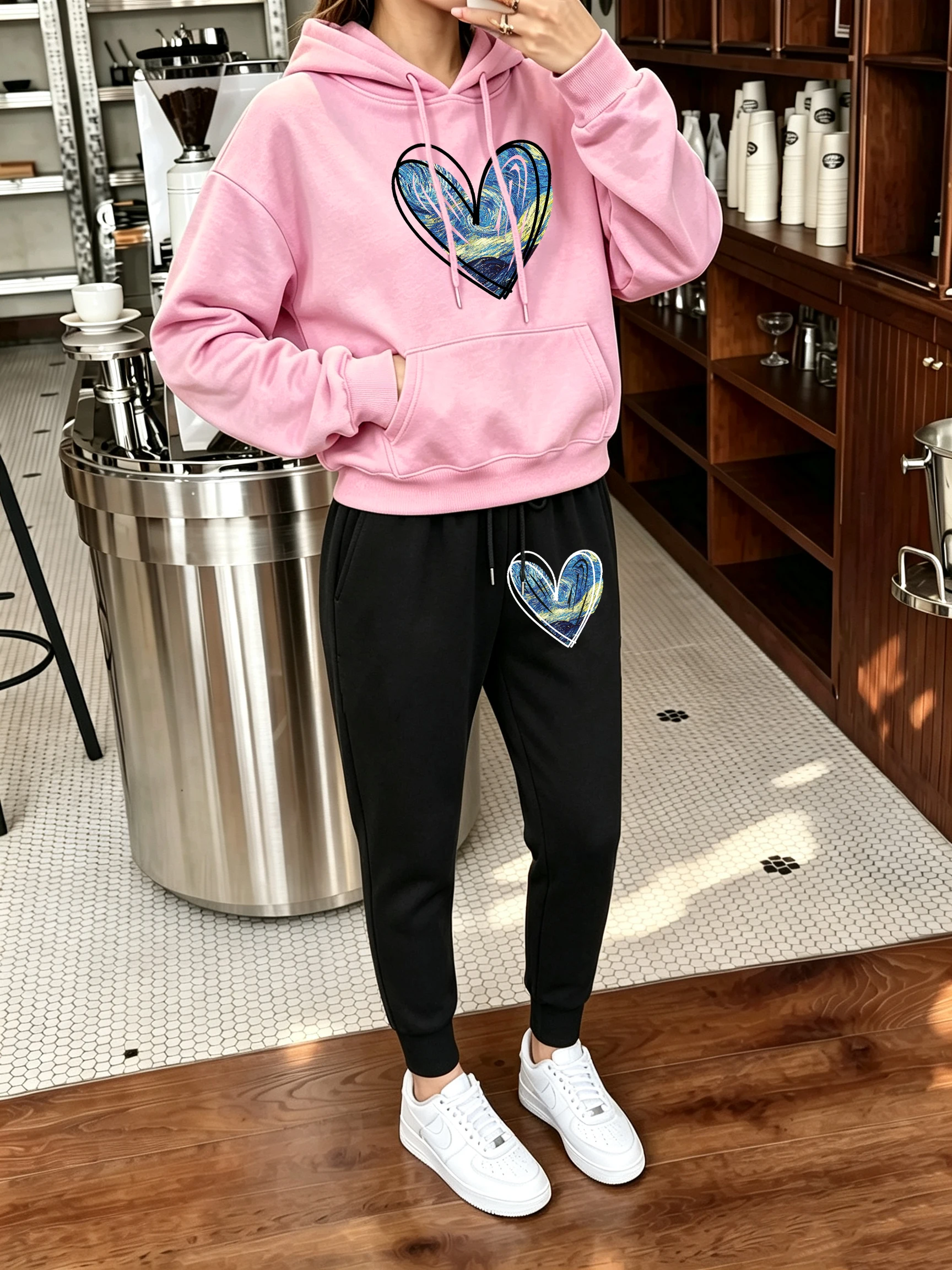 Personalized Oil Painting Heart Design Y2K Women'S Hoodie Set Drawstring Pocket Sweatpants Loose Tracksuit Fleece Autumn Hoody
