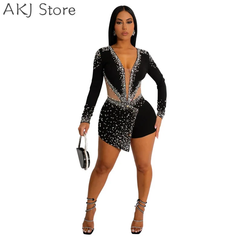 Imagem -03 - Mulheres Rhinestone Design Sheer Malha Skinny Romper